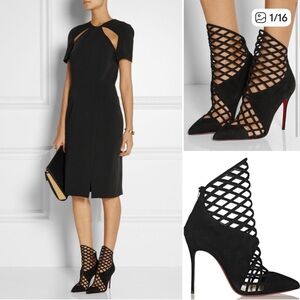 Christian Louboutin Black Suede Pointed Toe Ankle Boots Cutout Stiletto Heel